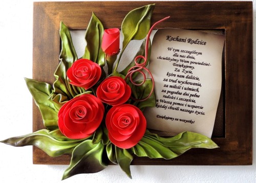 Piękny obraz w złotej ramie, PODZIĘKOWANIE DLA RODZICÓW, oryginalna pamiątka ślubu, WYKONANO W POLSCE, rękodzieło ze skóry, DEDYKACJA NA PAPIRUSIE LUB GRAWER NA ZŁOTEJ TABLICZCE