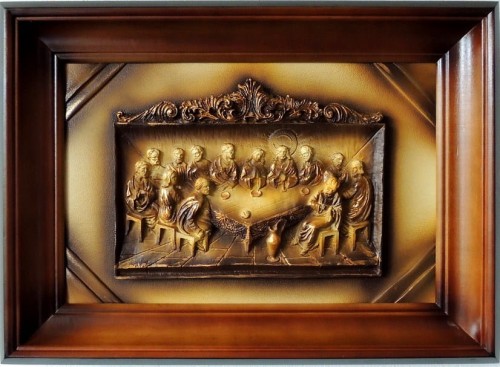 OBRAZ NA SKÓRZANYM TLE, OSTATNIA WIECZERZA, PŁASKORZEŹBA GIPSOWA, PRODUCENT OBRAZÓW ZE SKÓRY