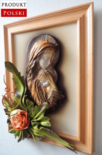 Maryja polska pracownia - obraz ze skóry - rękodzieło - beżowa rama.JPG