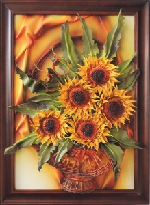 Duży obraz z bukietem słoneczników w wiklinowym koszu i drewnianej ramie  NA PREZENT