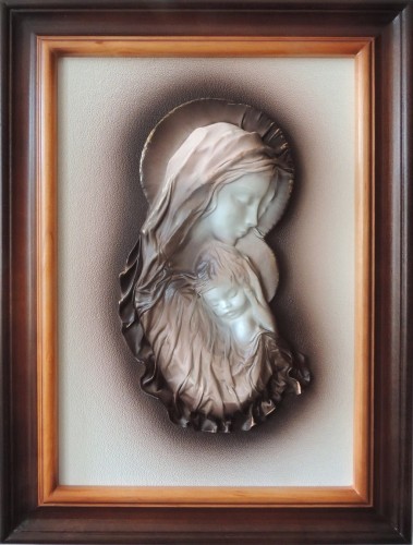 Obraz matki bożej ze skóry w drewnianej ramie..JPG