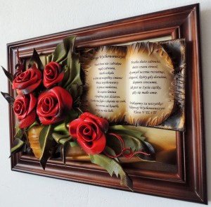 Prezent dla nauczyciela na koniec roku szkolnego - obraz z bukietem róż i dedykacją.