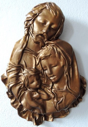 Płaskorzeźba świętej rodziny rękodzieło ze skóry w kolorze brąz złoto..JPG