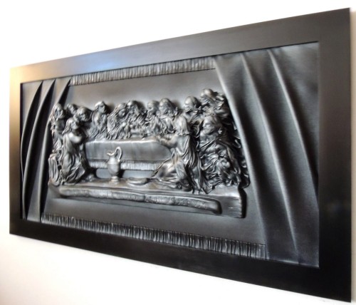 Duży i piękny obraz ostatnia wieczerza, płaskorzeźba oprawiona w skórę posrebrzana.JPG