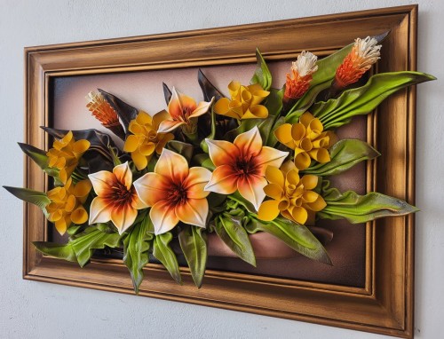 Obraz na prezent urodzinowy 70-tka - obraz z bukietem kwiatów w złotej drewnianej ramie.jpg