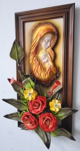 Obraz na prezent - MATKA BOŻA - czerwone róże ze skóry - RĘKODZIEŁO