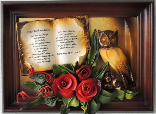 OBRAZ Z DEDYKACJĄ DLA NAUCZYCIELA - RĘKODZIEŁO W SKÓRZE - SOWA SYMBOL MĄDROŚCI