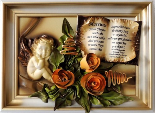 OBRAZ Z ANIOŁKIEM I DEDYKACJĄ, KWIATY KSIĘGA Z ŻYCZENIAMI, SKÓRA, PRODUCENT OBRAZÓW I ZEGARÓW ZE SKÓRY
