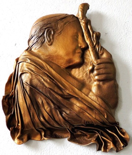 RĘCZNIE WYKONANA PŁASKORZEŹBA W SKÓRZE, PAPIEŻ JAN PAWEŁ II, ORYGINALNA PAMIĄTKA, możliwa dedykacja - GRAWER