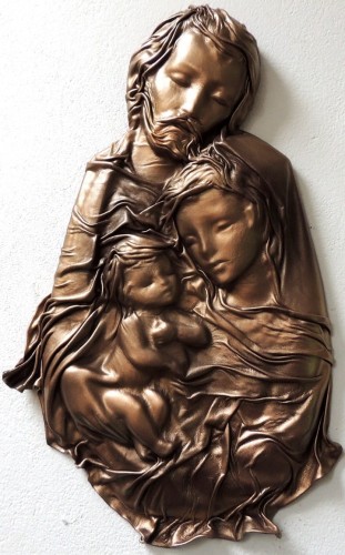 płaskorzeźba w skórze, ŚWIĘTA RODZINA BRONZO, oryginalny prezent ślubny, na jubileusz itp. DUŻY ROZMIAR, MOŻLIWA DEDYKACJA GRAWEROWANA !