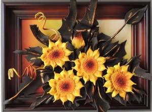 Obraz ze słonecznikami ze skóry na jubileusz - urodziny czy też emeryturę...