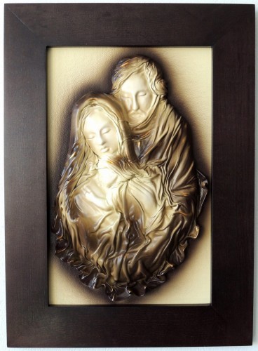 Niepowtarzalny obraz z ŚWIĘTĄ RODZINĄ w ramie z litego drewna, kolor ciemno-brązowy, skóra, rękodzieło, możliwa dedykacja, grawer