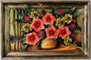 Kolorowe kwiaty w wazonie - obraz ze skóry na prezent jubileuszowy - RĘKODZIEŁO 