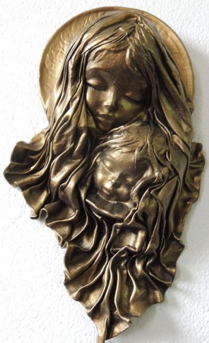 czarno-mosiężna MARYJA Z DZIECIĄTKIEM, płaskorzeźba w skórze MATKA BOŻA, prezent, pamiątka na ŚLUB, jubileusz, podziękowanie, CHRZCINY, możliwa dedykacja GRAWER