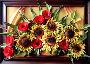 Duży obraz ze słonecznikami i makami w drewnianej ramie - Prezent na Jubileusz 50-lecia Ślubu