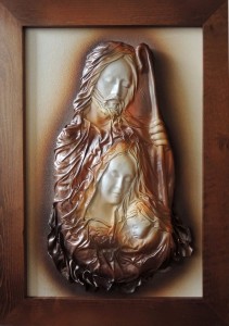 OBRAZ, DREWNIANIA RAMA, ŚWIĘTA RODZINA.  SKÓRZANY. NA PREZENT, ŚLUB, ROCZNICĘ. SR5-14