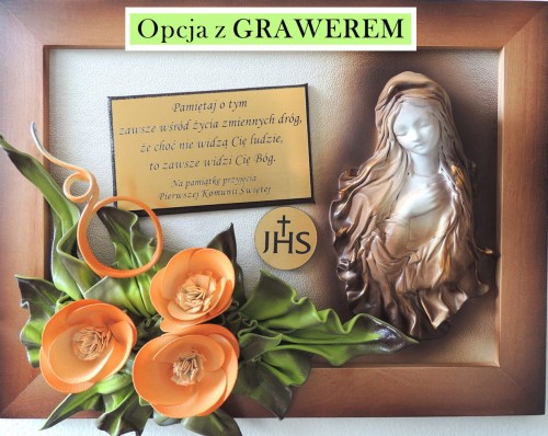 Oryginalna pamiątka pierwszokomunijna - obraz z dedykacją i Matką Bożą + kwiaty.jpg