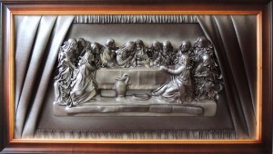 Obraz Ostatnia Wieczerza ręcznie wykonana ze skóry - metaliczne bronzo - 120x67cm - S9-6