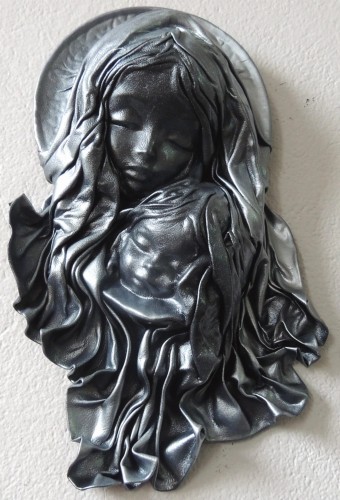 Czarno-srebrna MARYJA Z DZIECIĄTKIEM, płaskorzeźba w skórze MATKA BOŻA, prezent, pamiątka na ŚLUB, jubileusz, podziękowanie, CHRZCINY, możliwa dedykacja GRAWER