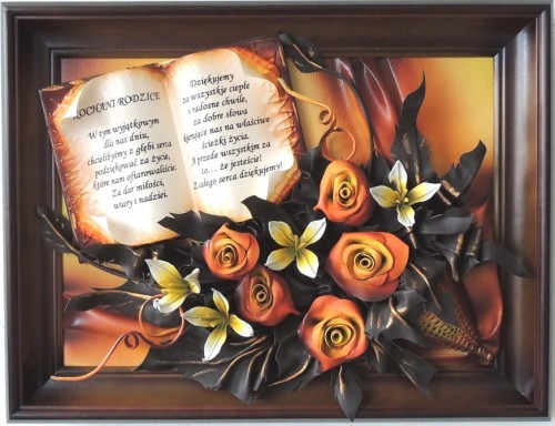 OBRAZ Z DEDYKACJĄ NA ŚLUB, JUBILEUSZ, PODZIĘKOWANIE, RĘKODZIEŁO W SKÓRZE