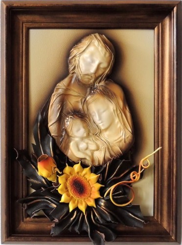 OBRAZ ZE SKÓRY ŚWIĘTA RODZINA ZE SŁONECZNIKAMI