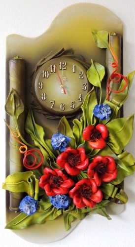 CZERWONE MAKI - NIEBIESKIE GOŹDZIKI - ZEGAR ZE SKÓRY