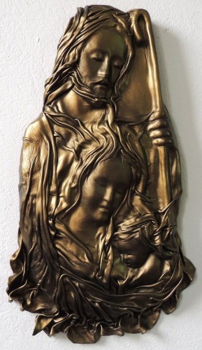 CZARNO MOSIĘŻNA PŁASKORZEŹBA ŚWIĘTEJ RODZINY WYKONANA ZE SKÓRY, NA PREZENT ŚLUBNY, JUBILEUSZ, DEDYKACJA, OPCJA DODATKOWA GRAWER, ORYGINALNA PAMIĄTKA ! 