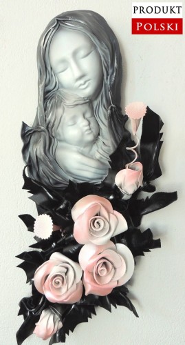 Duża płaskorzeźba Matki Boskiej z różami ze skóry.jpg