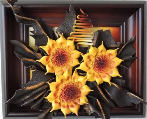 Słoneczniki - obrazek ze skóry na prezent urodzinowy RĘKODZIEŁO