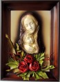 ORYGINALNY OBRAZ Z MATKĄ BOŻĄ I KWIATAMI, CZERWONE RÓZE ZE SKÓRY, PŁASKORZEŹBA, PRODUCENT OBRAZÓW RELIGIJNYCH ZE SKÓRY
