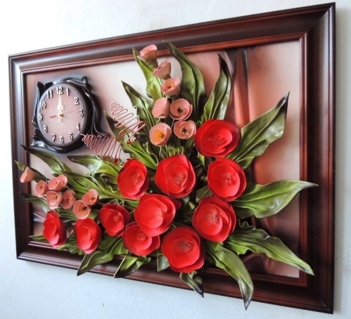 Piękna deokracja i prezent na jubileusz - obraz + zegar z bukietem malinowych kwiatów.JPG