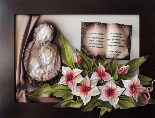 Obraz święta Rodzina w orzechowej ramia z dedykacją na księdze.JPG