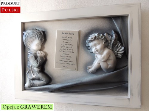 Obraz z modlącym się chłopcem i aniołkiem na pamiątkę chrztu świętego - komunii posrebrzany.jpg