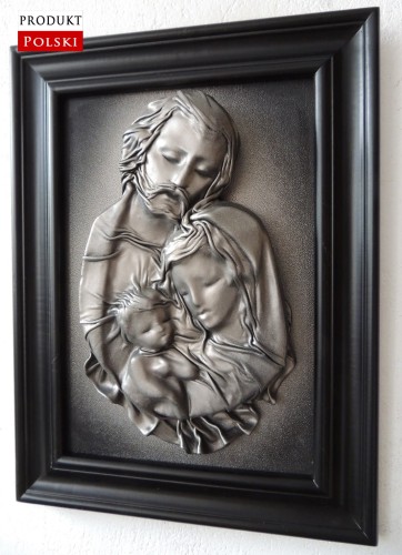 Obraz z czarno - mosiężną płaskorzeźbą świętej rodziny - produkcji polskiej.JPG