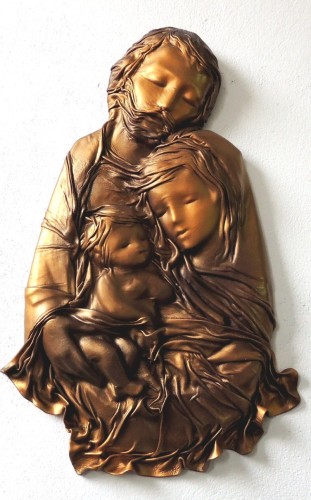 Duża płaskorzeźba - Święta Rodzina - skóra - rękodzieło - na prezent - kolor złoty