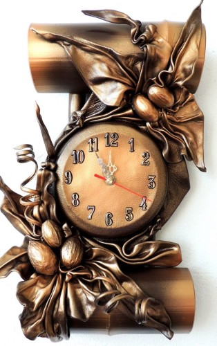 ZEGAR ŚCIENNY W SKÓRZE, BAMBUS, BRĄZ + ZŁOTO