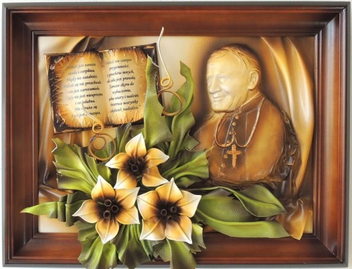 PAPIEŻ JAN PAWEŁ II, OBRAZ Z DEDYKACJĄ, RĘKODZIELO ZE SKÓRY, PAMIĄTKA