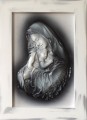Obraz ze skóry, z matką bożą, Maryją, rękodzieło, drewniana biała rama, pozłacany (miedziowany), oryginalny prezent, pamiątka ślubu, jubileuszu, podziękowanie,