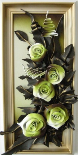 RÓŻE OLIWKA - OBRAZ ZE SKÓRY WYKONANY RĘCZNIE