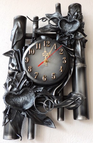 Czarno-srebrny zegar ścienny do salonu, kuchni, przedpokoju, sypialni, ORYGINALNY PREZENT, rękodzieło, polski producent, skóra, bambus