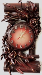 MAHONIOWY ZEGAR ZE SKÓRY Z RÓŻAMI - B18-5