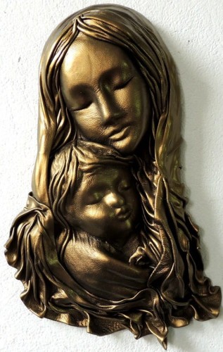 czarno-mosiężna MARYJA Z DZIECIĄTKIEM, płaskorzeźba w skórze MATKA BOŻA, prezent, pamiątka na ŚLUB, jubileusz, podziękowanie, CHRZCINY, możliwa dedykacja GRAWER