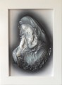 Obraz ze skóry, z matką bożą, Maryją, rękodzieło, drewniana biała rama, pozłacany (miedziowany), oryginalny prezent, pamiątka ślubu, jubileuszu, podziękowanie