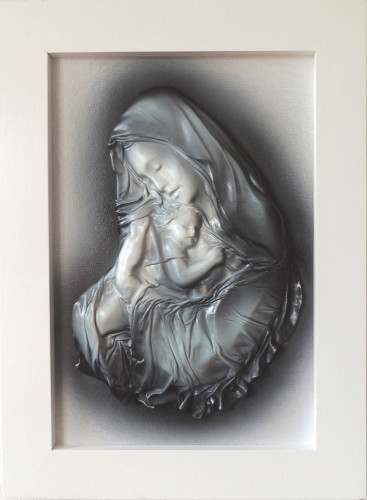 Obraz ze skóry, z matką bożą, Maryją, rękodzieło, drewniana biała rama, pozłacany (miedziowany), oryginalny prezent, pamiątka ślubu, jubileuszu, podziękowanie