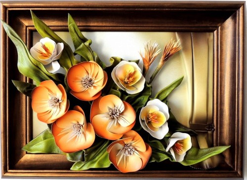 ORYGINALNY OBRAZ ZE SKÓRY Z KWIATAMI 