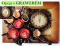 Obraz na prezent, zegar ze skóry, polskie rękodzieło , kompozycja kwiatowa, dedykacja, grawer