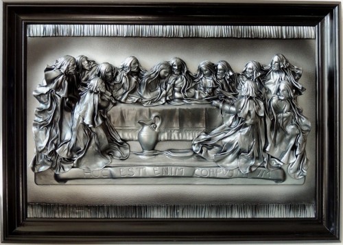 CZARNO-SREBRNY OBRAZ W SKÓRZE OSTATNIA WIECZERZA, PRODUCENT OBRAZÓW SKÓRZANYCH, PRACOWNIA