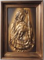OBRAZ Z PŁASKORZEŹBĄ ŚWIĘTEJ RODZINY OPRAWIONĄ W SKÓRĘ, PRODUCENT OBRAZÓW I ZEGARÓW ZE SKÓRY, ZŁOTA RAMA