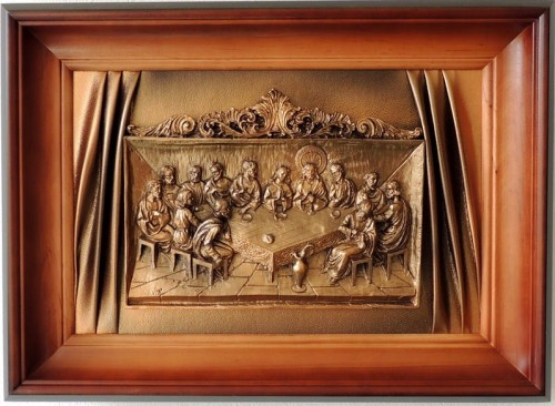 OBRAZ NA SKÓRZANYM TLE, PŁASKORZEŹBA GIPSOWA, PRODUCENT OBRAZÓW ZE SKÓRY