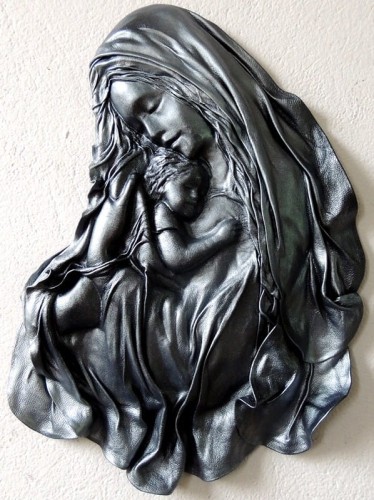 Czarno srebrna duża rzeźba ścienna ze skóry, MATKA BOŻA MARYJA Z DZIECIĄTKIEM, oryginalna pamiątka, prezent na ŚLUB, jubileusz, PODZIĘKOWANIE, chrzciny, MOŻLIWA DEDYKACJA - GRAWER